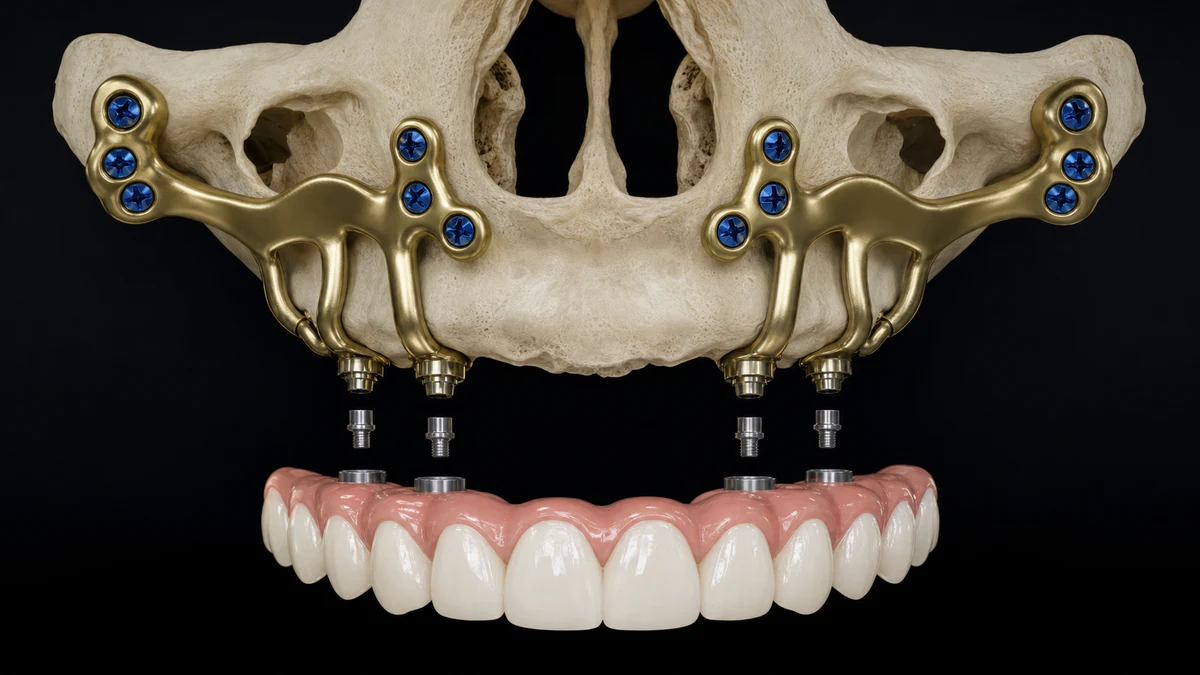 Custom subperiosteal implant framework and fixed upper dental bridge